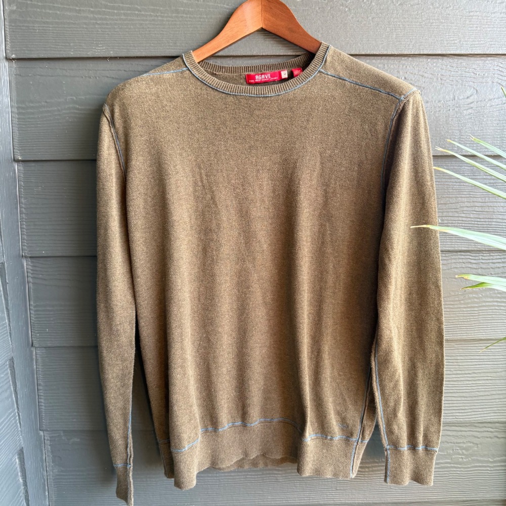 AGAVE 100% Cotton Crewneck Sweater Brown Blue Trim Lightweight Men's S‎